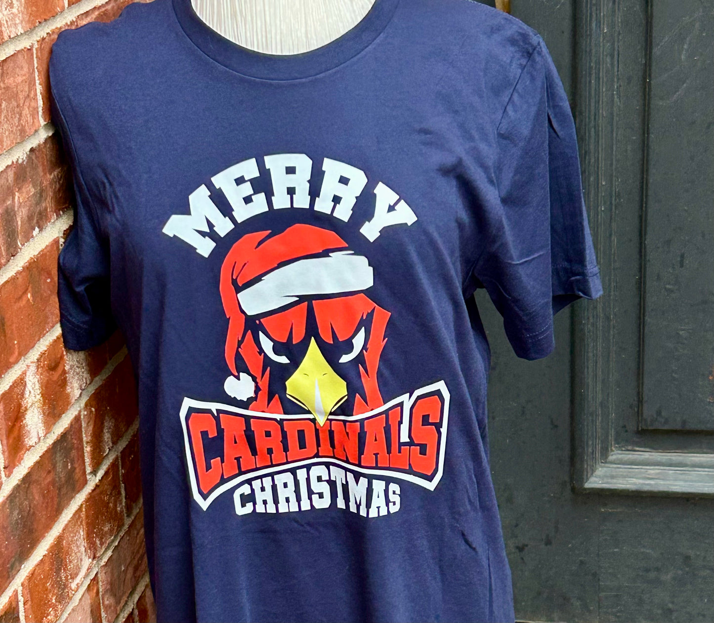 Merry Cardinals Christmas T-Shirt – Holiday Cardinal Mascot Tee • School Spirit Christmas Shirt • Red & Navy Game Day Holiday Tee