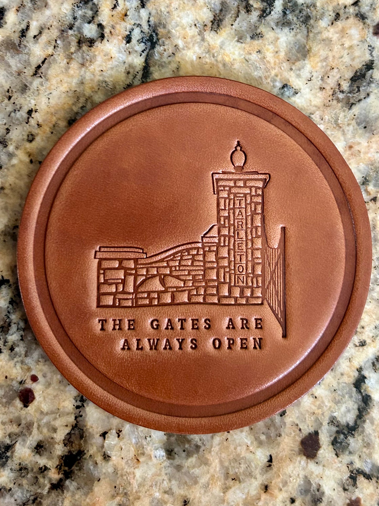 Tarleton Leather Coaster – 4” Round Stamped Genuine Leather | Licensed Tarleton Coaster | Gates Are Always Open