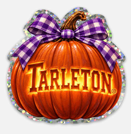 Licensed Tarleton State carved pumpkin sticker with glowing letters, purple gingham bow and holographic glitter border