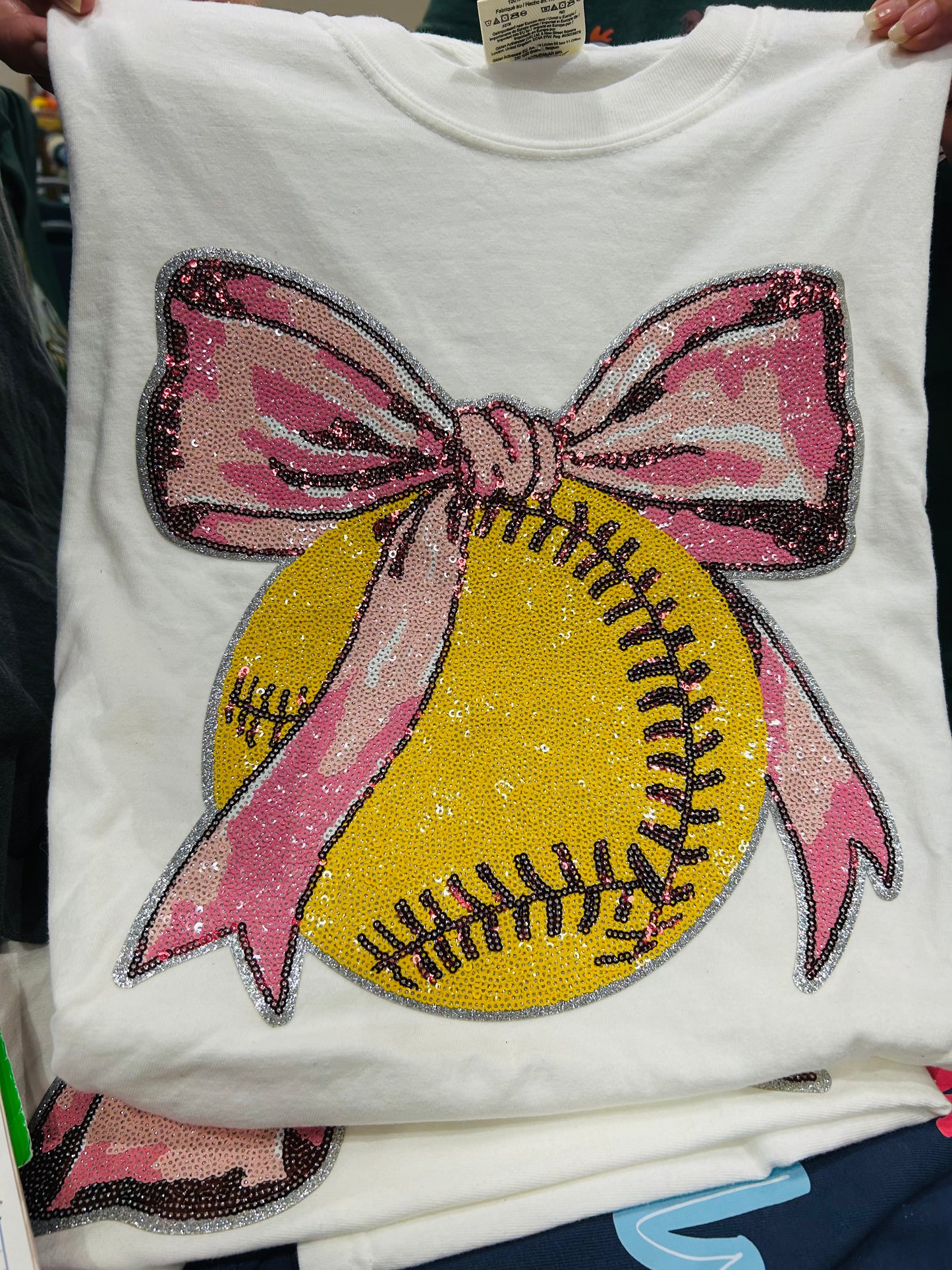 Pink Sequin Bow Softball Shirt – Sparkly Rhinestone Softball Tee for Game Day