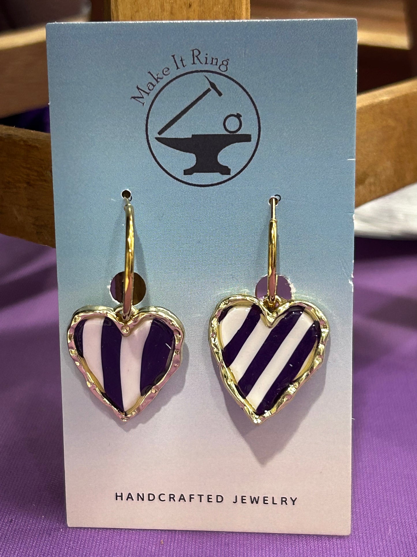 Tarleton Purple & White Striped Heart Shaped Earrings – Officially Licensed Game Day Jewelry