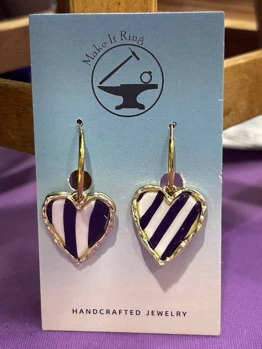 Tarleton Purple & White Striped Heart Shaped Earrings – Officially Licensed Game Day Jewelry