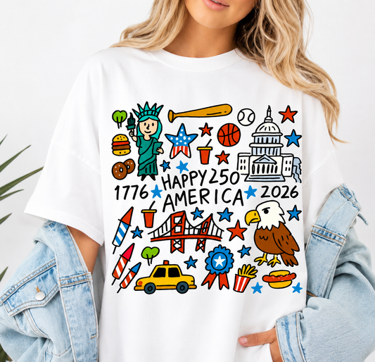Happy 250 America Graphic T-Shirt | Patriotic USA 2026 Tee | Fourth of July Americana Shirt