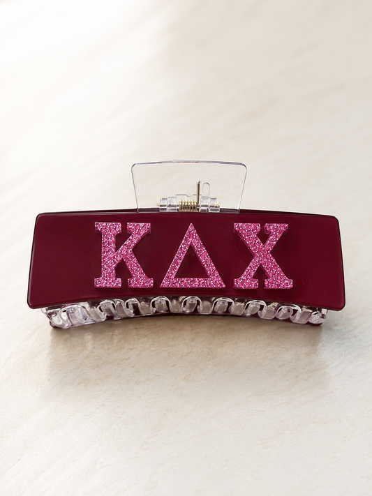 Licensed Kappa Delta Chi Hair Claw Clip 4.33” | Maroon & Pink Glitter Sorority Hair Clip | Official KΔΧ Greek Accessory