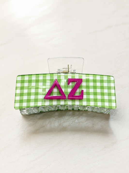 Licensed Delta Zeta Gingham Hair Claw Clip 4.33”| Green Check Hair Clip | Official ΔΖ Sorority Accessory