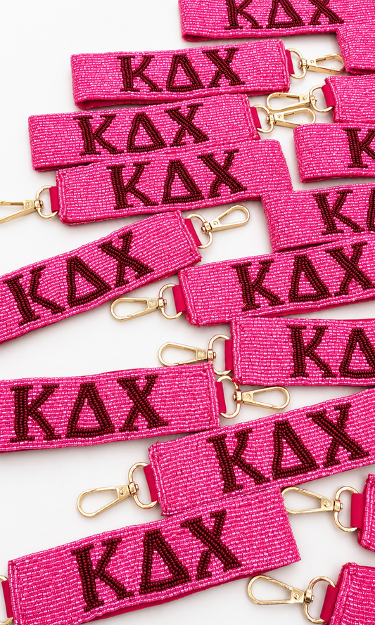 Licensed Kappa Delta Chi Beaded Wristlet Keychain | Pink Sorority Wrist Strap | KΔΧ Greek Letter Key Fob Gift