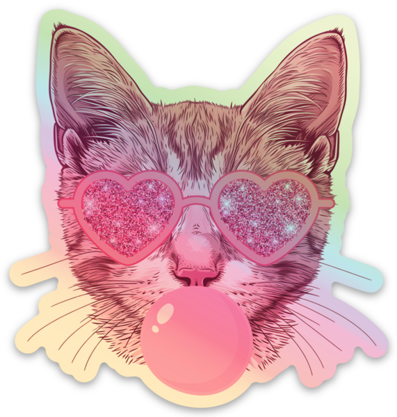 Cool Cat Holographic Sticker – Heart Glasses & Bubblegum | Retro Glitter Vinyl Decal