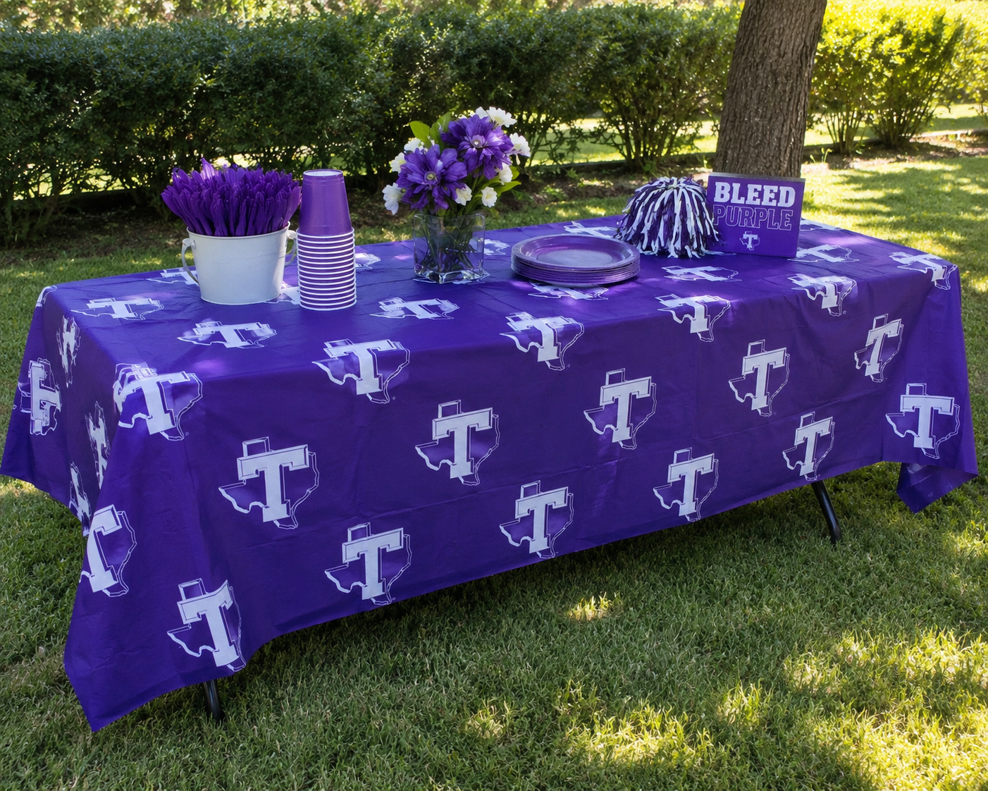Tarleton State University® Purple Plastic Table Cover – 54” x 108”