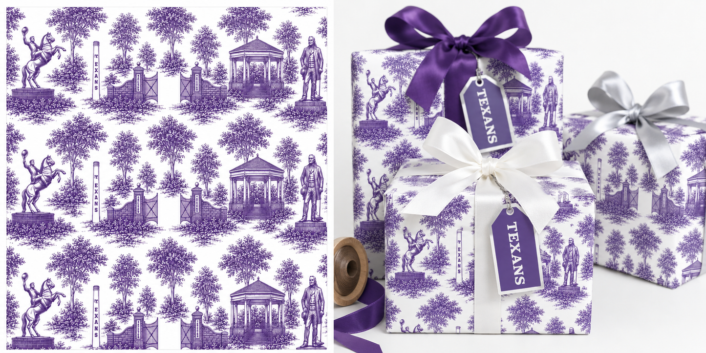 Licensed Tarleton State University Toile Wrapping Paper | 30” x 15’ Gift Wrap Roll | Purple Collegiate Gift Wrap