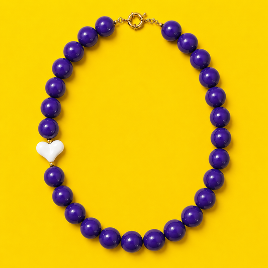 Purple Beaded Heart Necklace – 18” Purple & White Statement Necklace