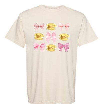 Luke’s Coffee + Pink Bows Shirt | Cozy Gilmore Girls Aesthetic Tee or Sweatshirt | Stars Hollow Coffee Lover Gift