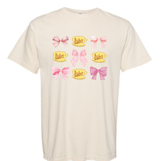 Luke’s Coffee + Pink Bows Shirt | Cozy Gilmore Girls Aesthetic Tee or Sweatshirt | Stars Hollow Coffee Lover Gift
