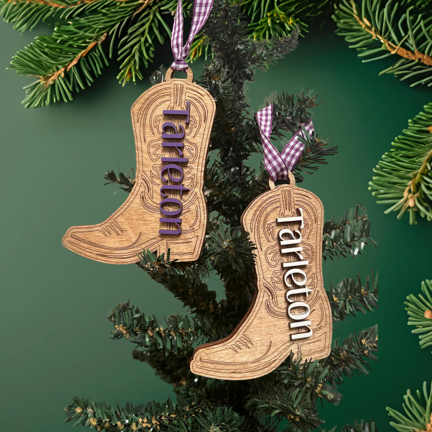 Tarleton Wooden Boot Ornament – 4” Laser-Cut Western Christmas Ornament with Purple Accent and Gingham Ribbon