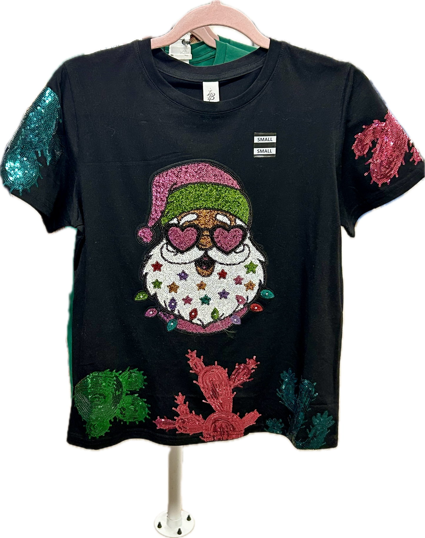 Fiesta Santa Sequin T-Shirt – Black Holiday Tee with Colorful Cactus Sequins