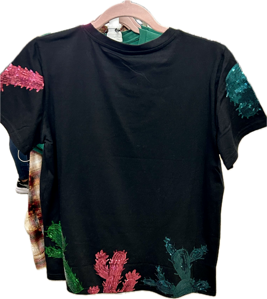 Fiesta Santa Sequin T-Shirt – Black Holiday Tee with Colorful Cactus Sequins