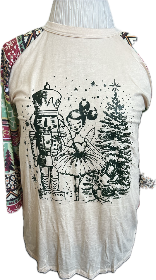 Nutcracker Ballerina Christmas Raglan – Vintage Sketch Tee with Festive Pattern Sleeves