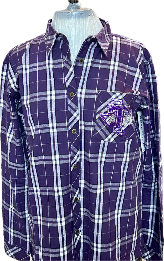 Tarleton Purple Plaid Flannel Shirt with Rhinestone T Logo | Game Day