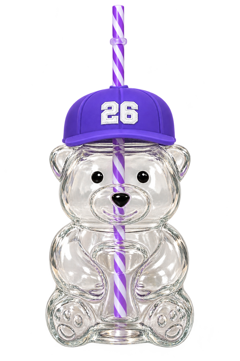 Tarleton Homecoming 2026 bear-shaped glass straw cup wearing a purple baseball hat with 26