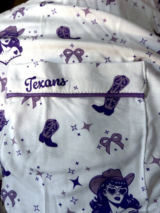 Texans Cowgirl Pajama Set | Purple Bamboo Short Sleeve PJs | Women's Western Sleepwear with Boots, Bows & Stars.