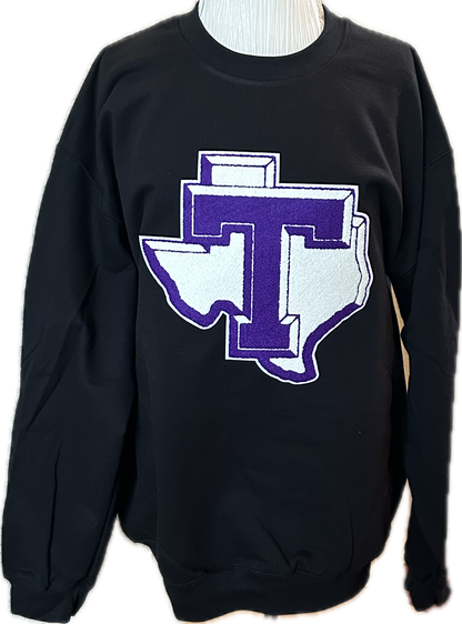 Tarleton Texans Chenille Patch Sweatshirt – Licensed & Approved Vendor | Custom T State Texas Patch | Black or Purple Crewneck