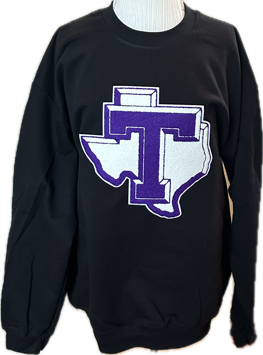 Tarleton Texans Chenille Patch Sweatshirt – Licensed & Approved Vendor | Custom T State Texas Patch | Black or Purple Crewneck