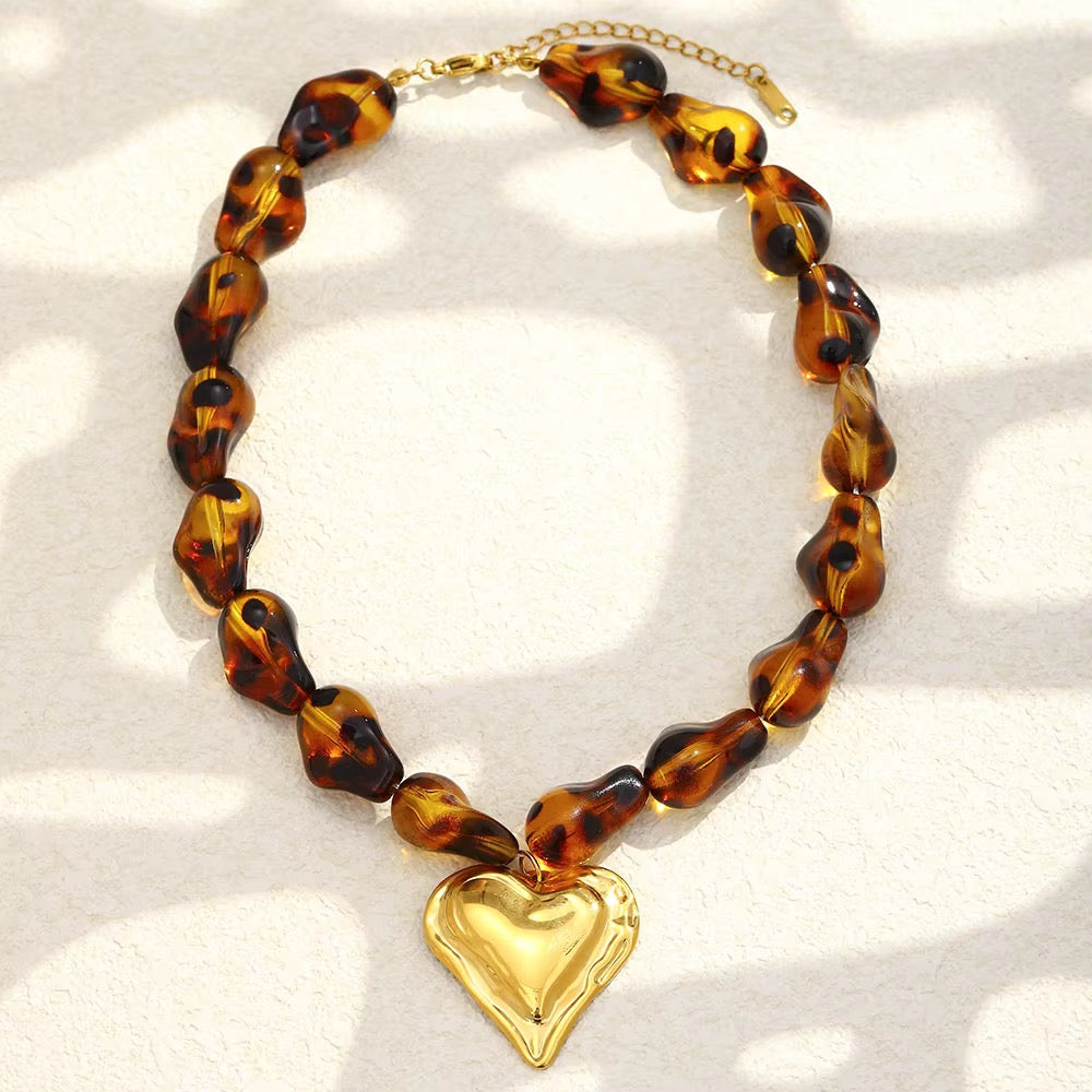 Tortoiseshell Beaded 18” Necklace with Gold Heart Pendant