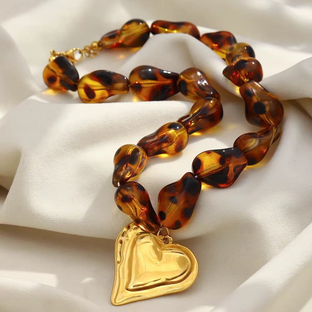 Tortoiseshell Beaded 18” Necklace with Gold Heart Pendant
