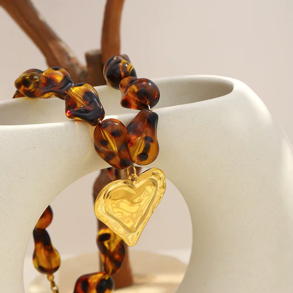 Tortoiseshell Beaded 18” Necklace with Gold Heart Pendant