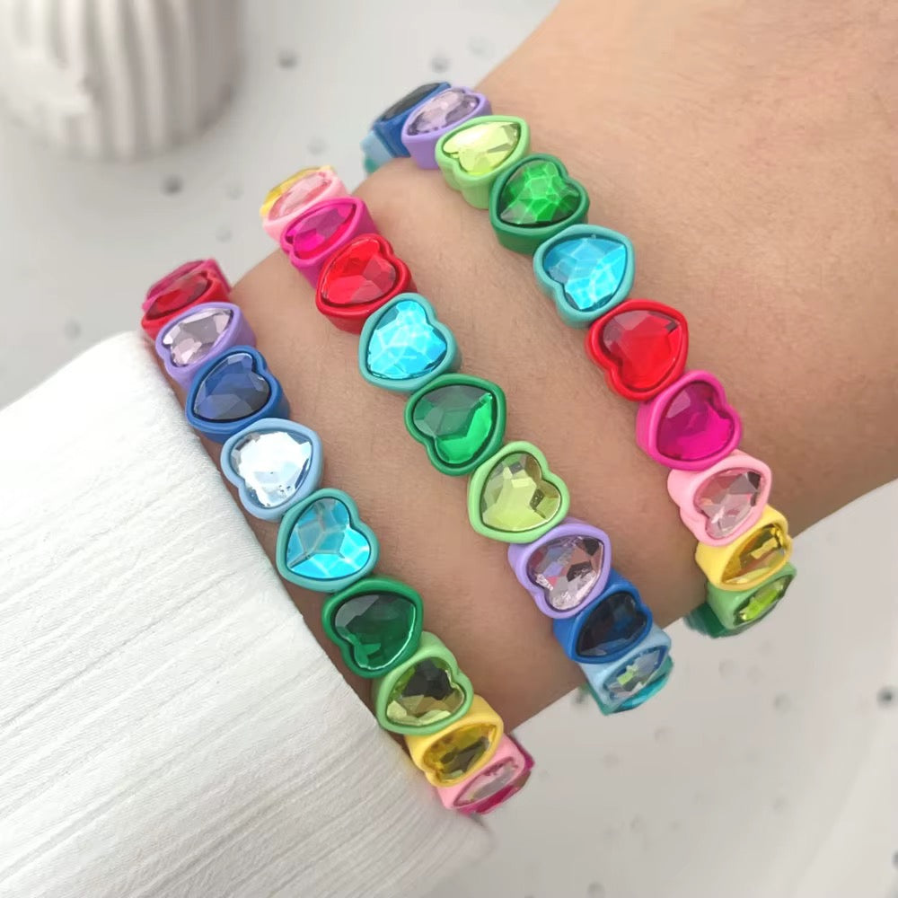 Rainbow Crystal Heart Stretch Bracelet | Colorful Enamel Heart Tile Bracelet | Stackable Boutique Jewelry