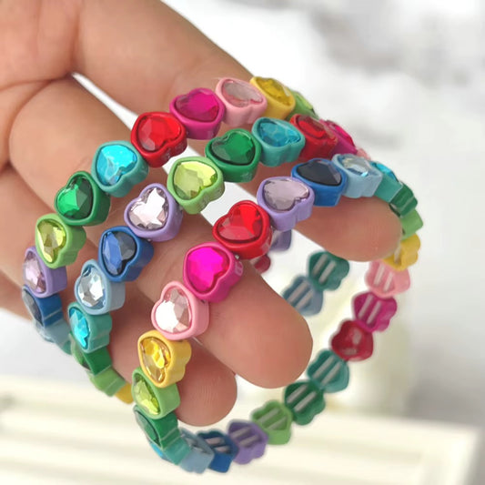 Rainbow Crystal Heart Stretch Bracelet | Colorful Enamel Heart Tile Bracelet | Stackable Boutique Jewelry
