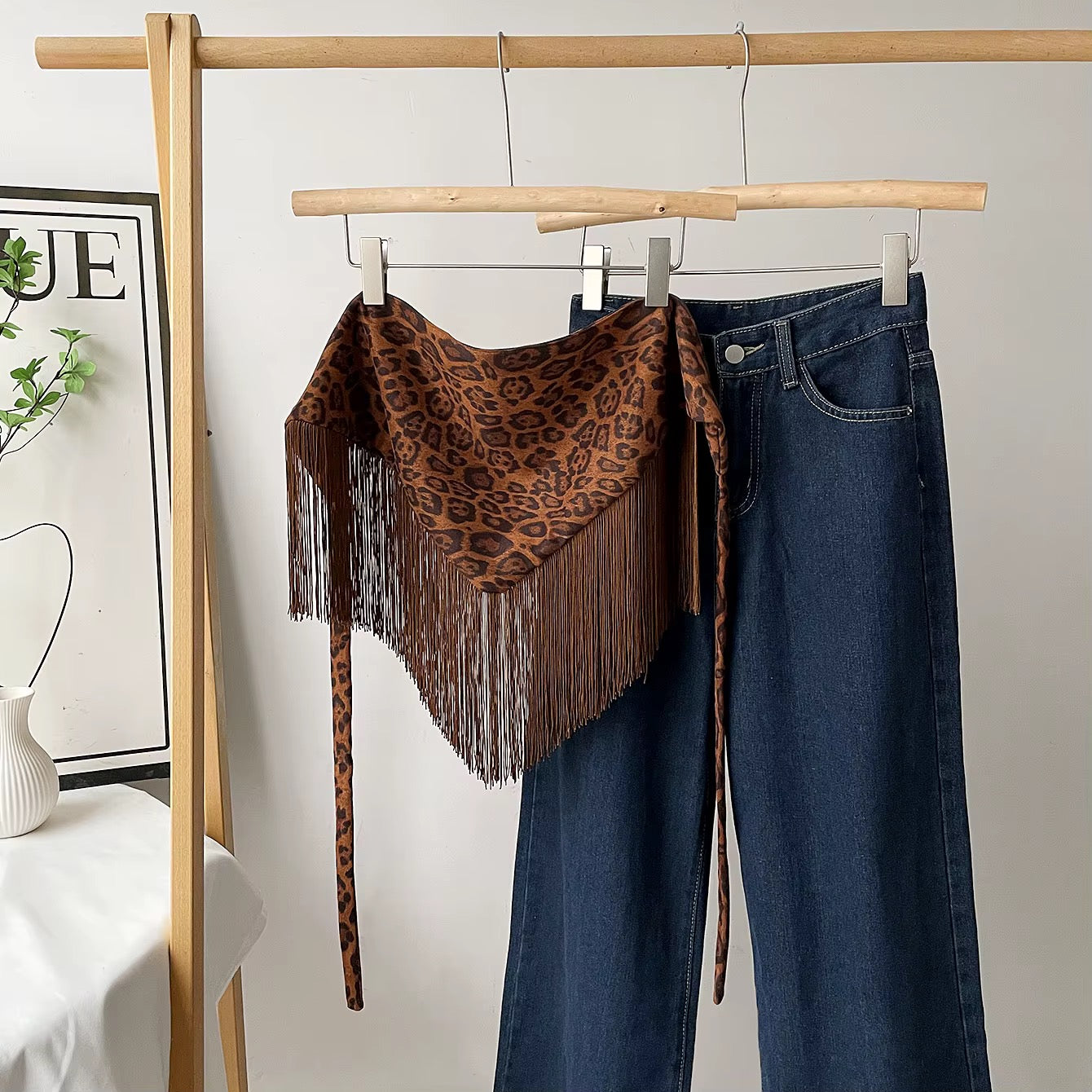 Leopard Print Fringe Scarf | Faux Suede Western Hip Scarf, Bandeau Top & Neck Wrap | Cowgirl Boutique Accessory
