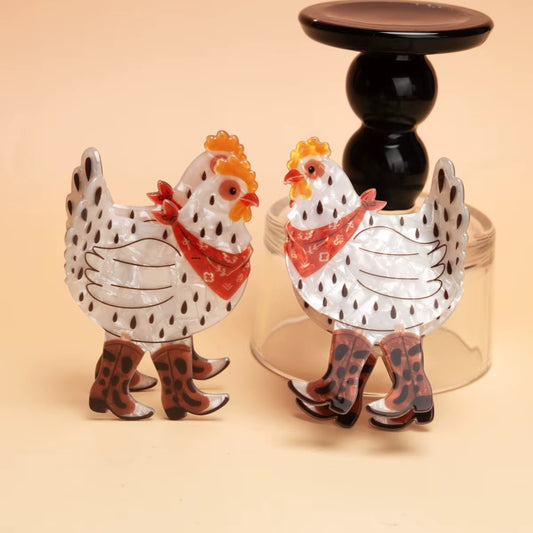 Western chicken claw clip with red bandana and brown cowboy boots, white speckled acetate hair clip