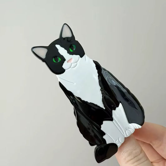 Black and white tuxedo cat claw clip with green eyes, cat lover hair clip gift