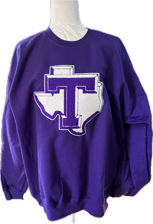 Tarleton Texans Chenille Patch Sweatshirt – Licensed & Approved Vendor | Custom T State Texas Patch | Black or Purple Crewneck