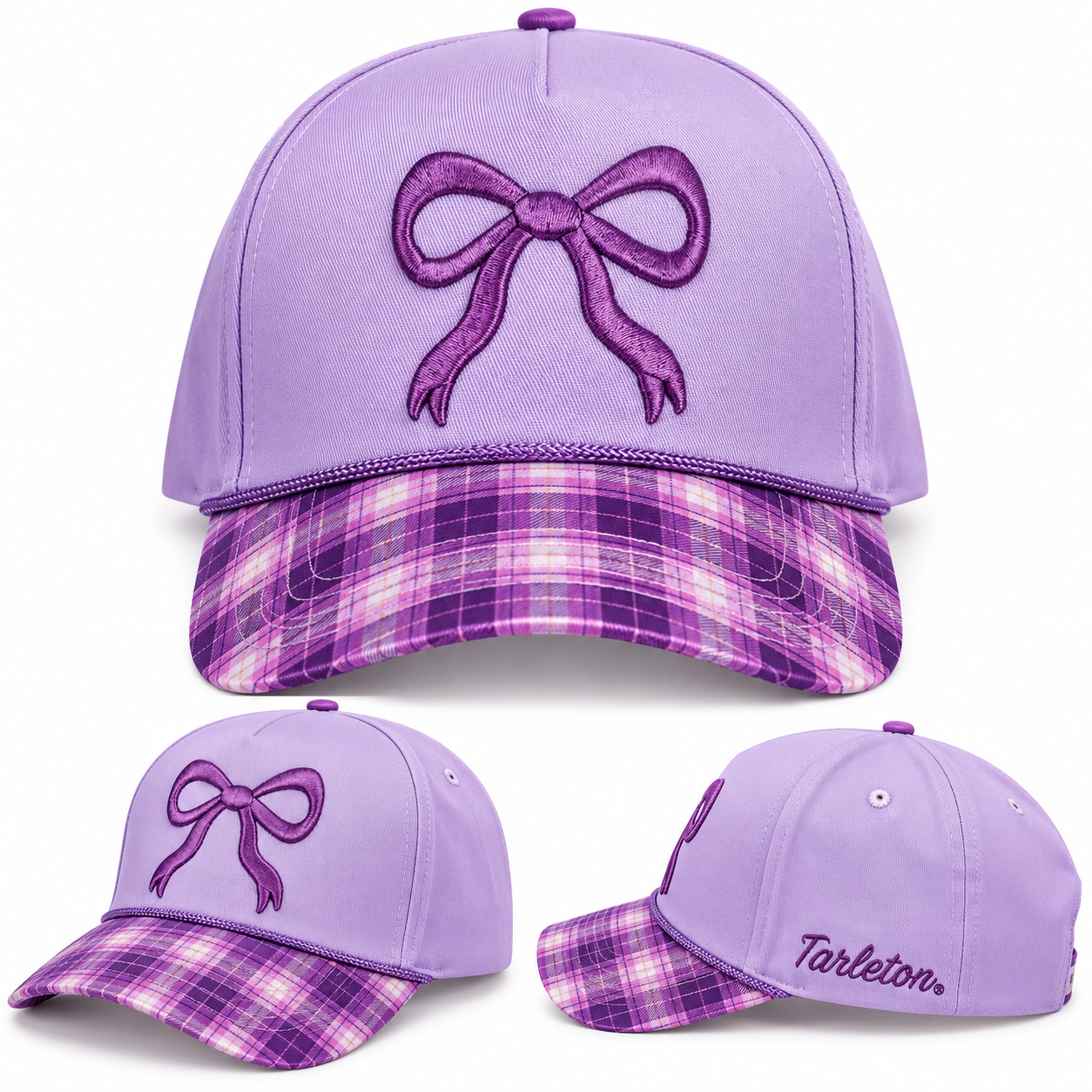 Tarleton Bow Embroidered Baseball Cap – Purple Plaid Brim | Adjustable | Exclusive Heather & Annie Art Boutique Hat