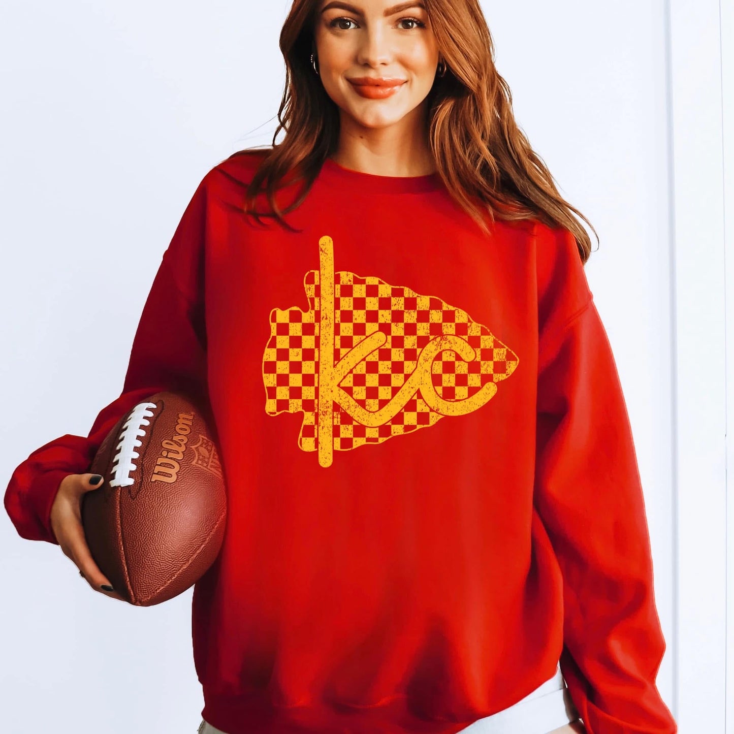 Kansas City KC Checkered Arrowhead Sweatshirt | Red, Black, Gray | Game Day Football Shirt | KC Spirit Wear