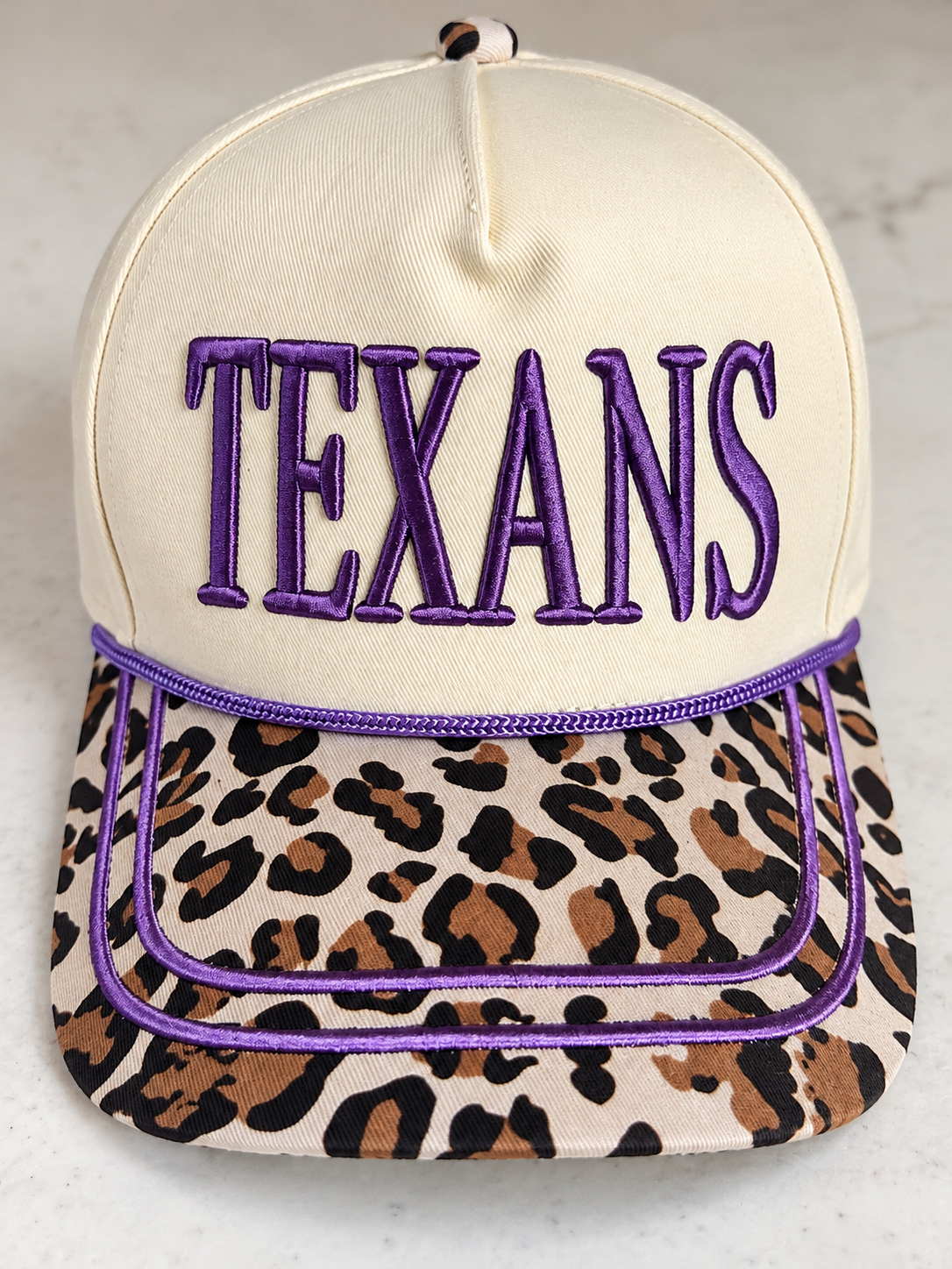 Texans Embroidered Baseball Cap – Leopard Print Brim with Purple Rope | Adjustable | Exclusive Heather & Annie Art Boutique Hat