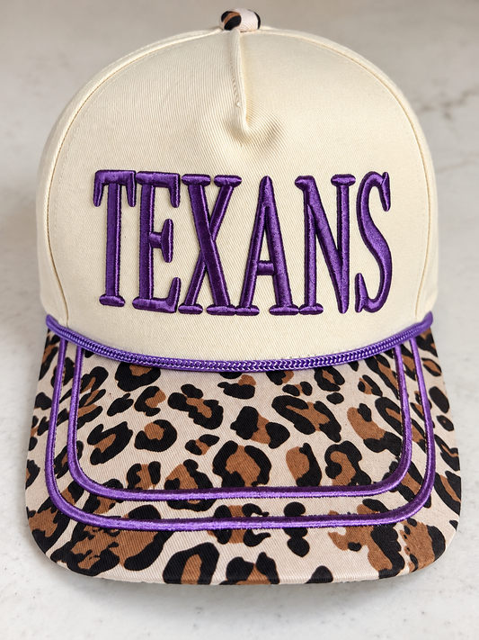 Texans Embroidered Baseball Cap – Leopard Print Brim with Purple Rope | Adjustable | Exclusive Heather & Annie Art Boutique Hat