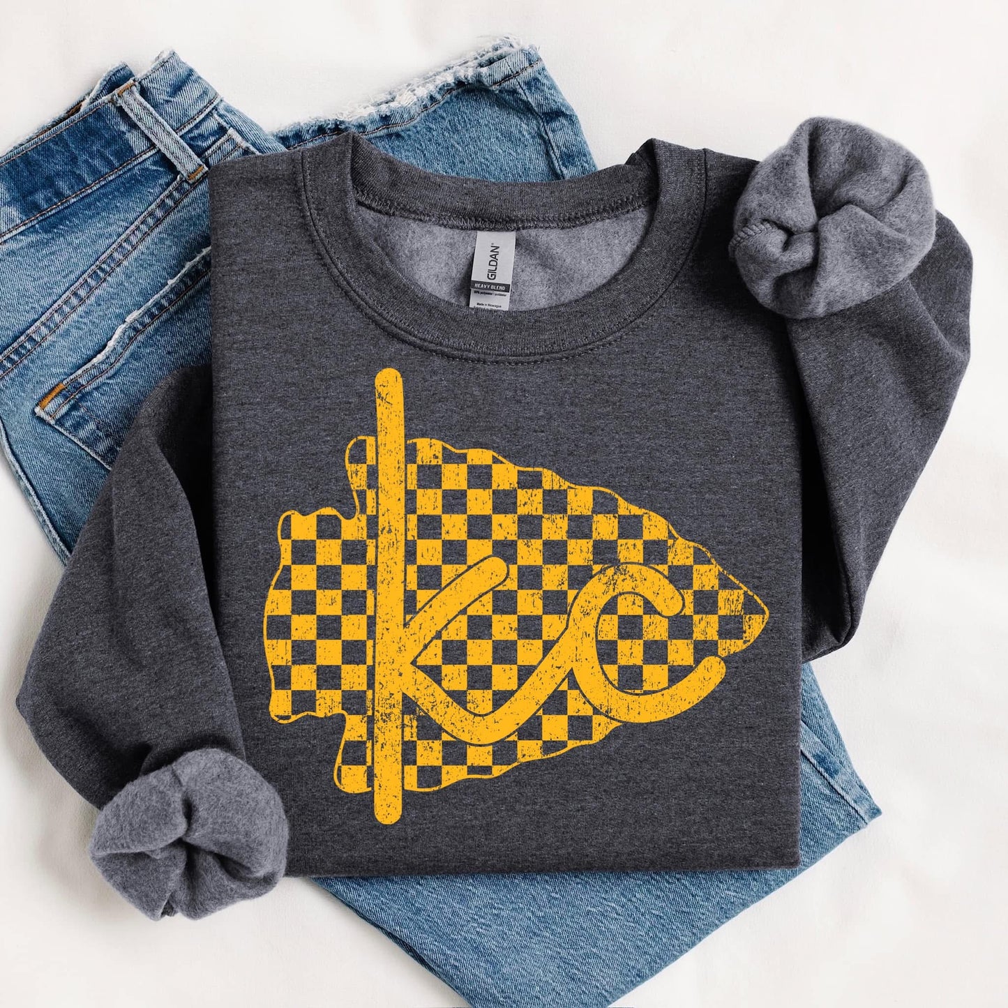 Kansas City KC Checkered Arrowhead Sweatshirt | Red, Black, Gray | Game Day Football Shirt | KC Spirit Wear