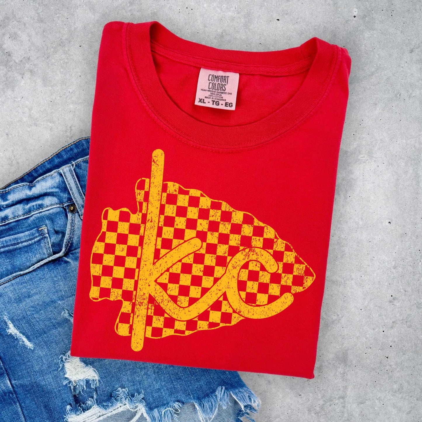 Kansas City KC Checkered Arrowhead Sweatshirt | Red, Black, Gray | Game Day Football Shirt | KC Spirit Wear