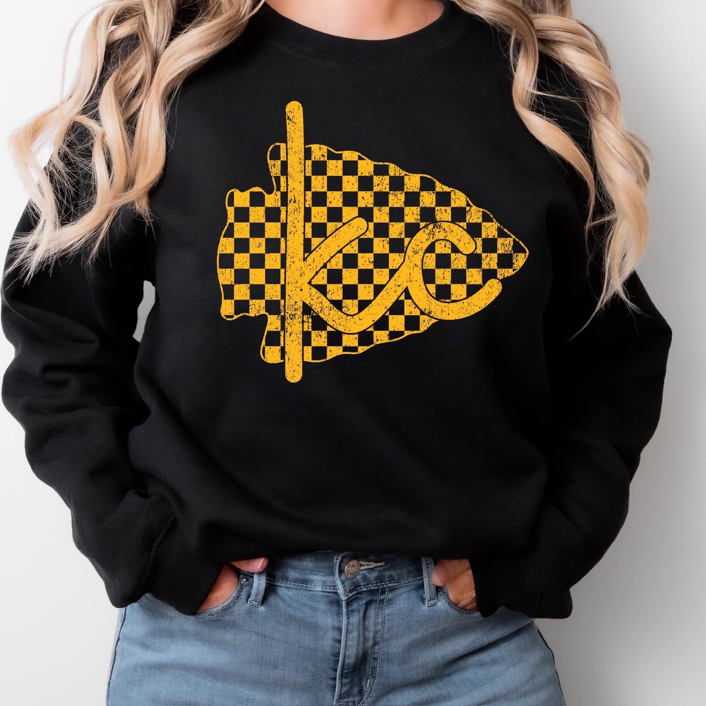 Kansas City KC Checkered Arrowhead Sweatshirt | Red, Black, Gray | Game Day Football Shirt | KC Spirit Wear