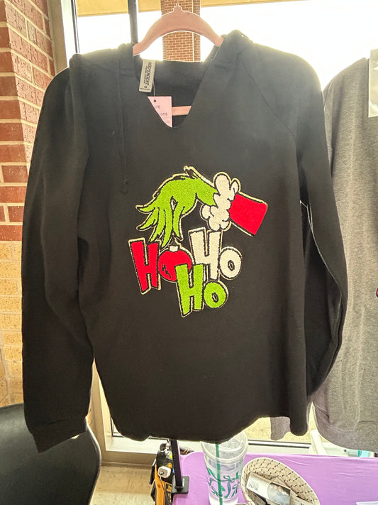 Grinch Ho Ho Ho Chenille Patch Hoodie | Christmas Holiday Sweatshirt | Festive Holiday Hoodie