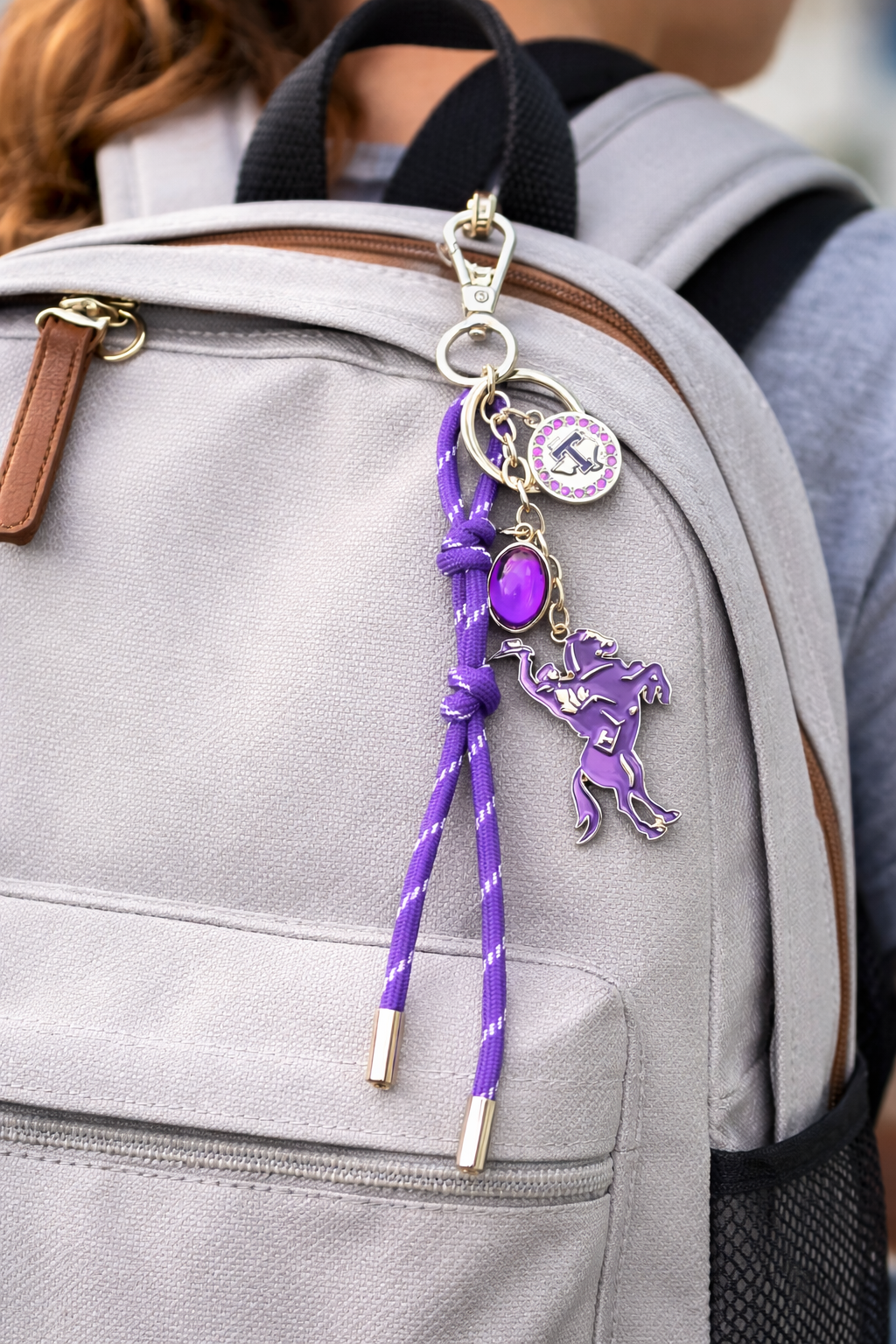 Tarleton State University® Purple Western Cowboy Bag Charm & Keychain | Licensed College Backpack Accessory