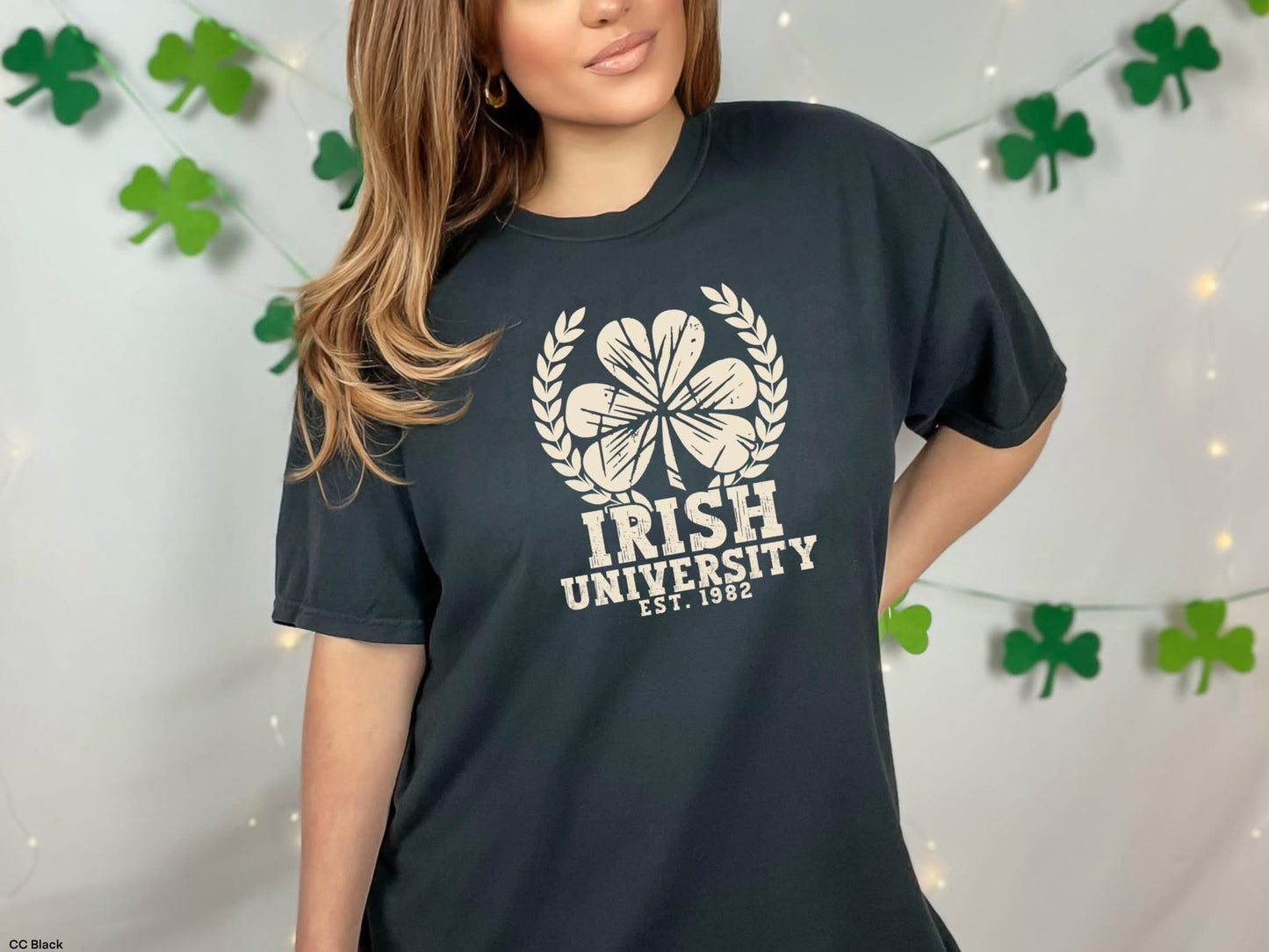 🍀 Irish University T-Shirt | Vintage Shamrock Graphic Tee | St. Patrick’s Day Shirt for Women