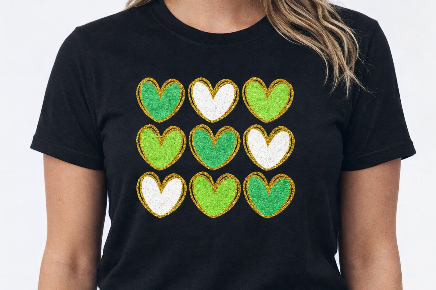 Green & White Heart Grid Shirt | Gold Outline Graphic Tee | St. Patrick’s Day Black T-Shirt | Cute Lucky Heart Top for Women