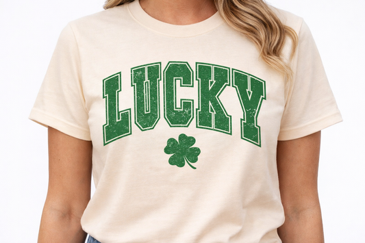Lucky Vintage Shamrock Shirt | Cream St. Patrick’s Day T-Shirt | Distressed Green Graphic Tee | Cute Lucky Clover Top for Women