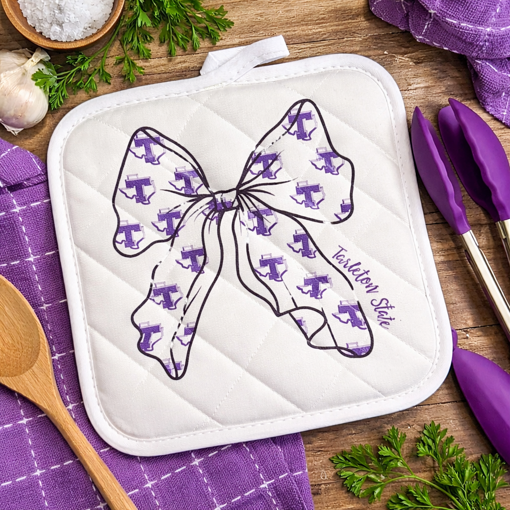 Licensed Tarleton State Bow Pot Holder | 7.75” Quilted Hot Pad | Official Texan Kitchen Gift