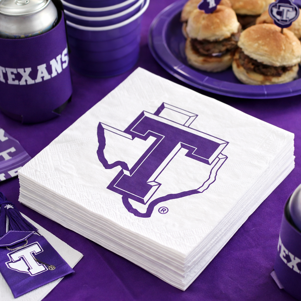 Tarleton Texans Paper Napkins – 20 Pack | Licensed Purple T Party Supplies | 2-Ply 6.5” x 6.5”