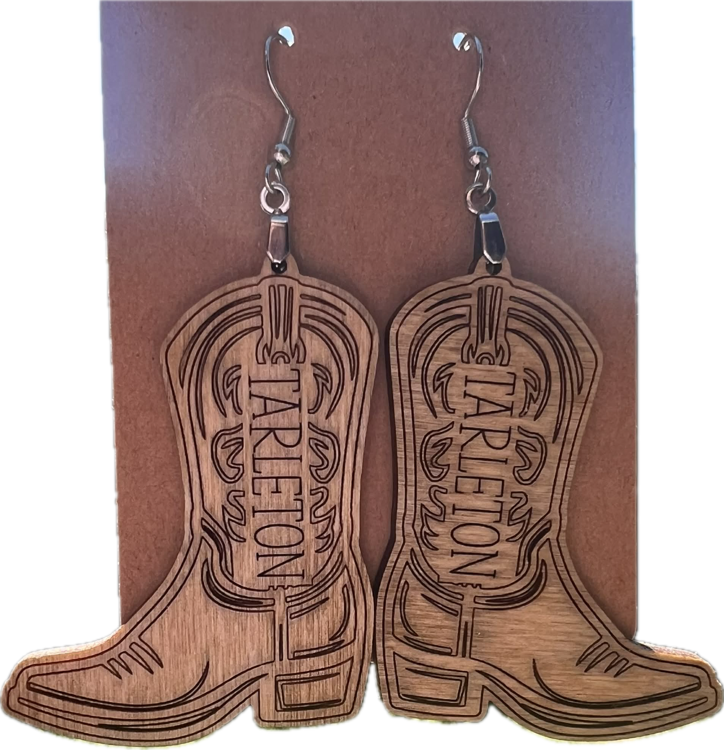 Tarleton State University wooden boot earrings laser engraved with Tarleton name and surgical steel hooks
