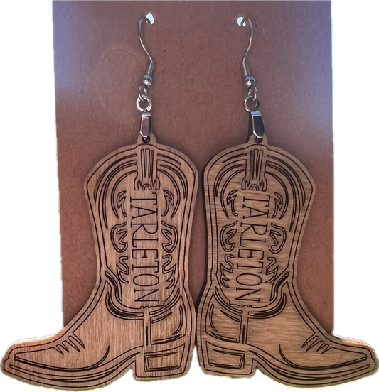 Tarleton State University wooden boot earrings laser engraved with Tarleton name and surgical steel hooks
